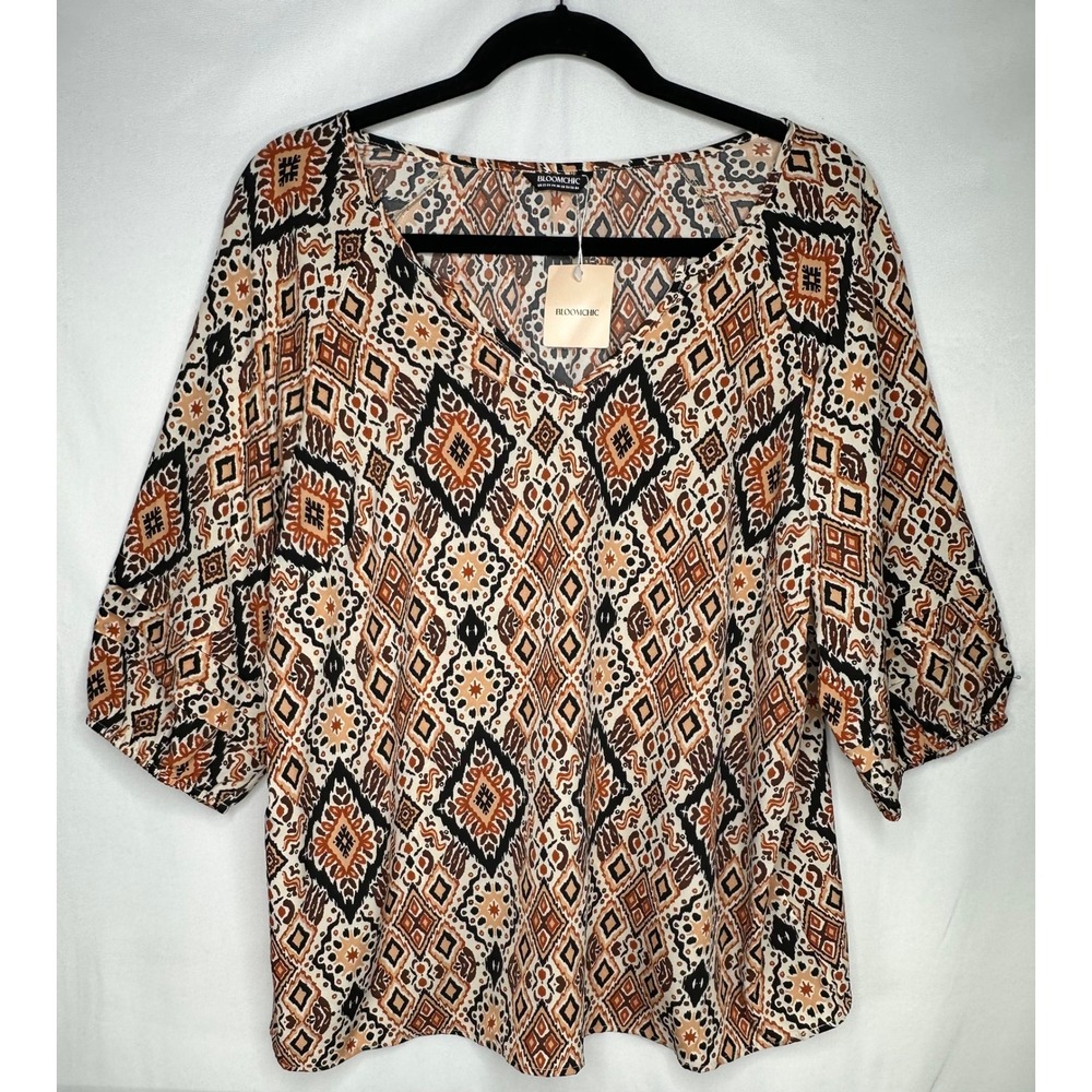 Bloomchic Plus Size 22-24 Geometric Ikat Print V-Neck Bubble Sleeve Blouse NWT